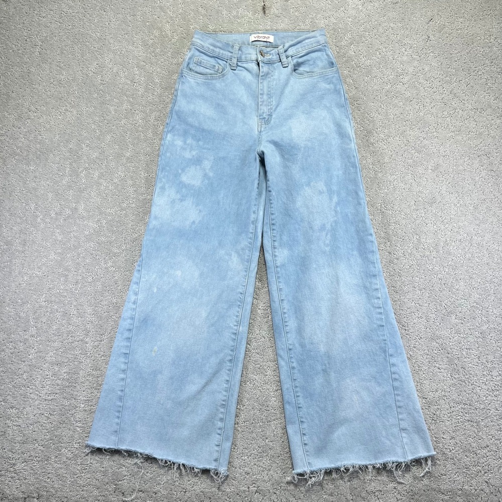 Vibrant MIU Jeans Womens 3/W25 Blue Acid Wash‎ Denim High Rise Wide Leg Raw Hem
